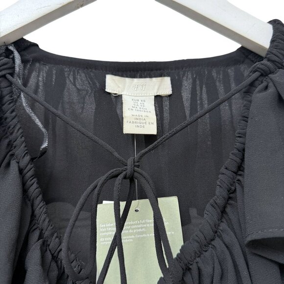 H&M Ruffle Blouse Black XS Oversized Chiffon Peasant Poet Flowy Top NWT - Picture 4 of 9